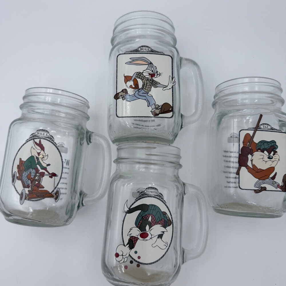 Warner Bros Looney Tunes Delancey St Mason Jar Mug Set 1994‎ Glass Taz